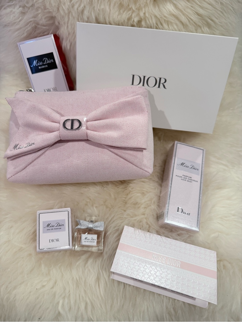 Dior Pink Bow Cosmetic Pouch with Miss Dior Hair Mist and Perfume Samples